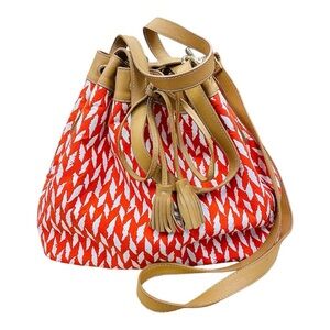 McLaughlin Orange and White Geometric Shoulder Bag with Drawstring